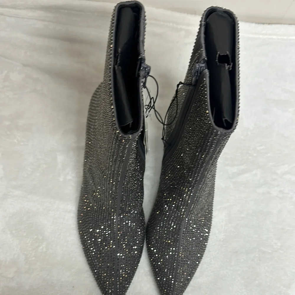 A New Day Silver Gunmetal Grey Ankle Booties with Block Heel and Rhinestones